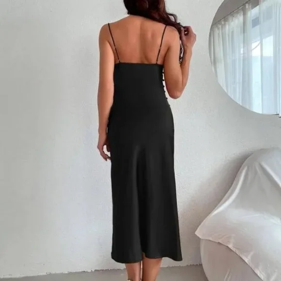 Cowl Neck Satin Cami Dress with Split Thigh - black - Picture 6 of 7